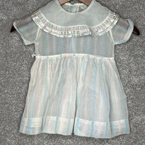 Vintage Sheer Dress 12 month White Girls Striped Ribbon Collard Party 60's